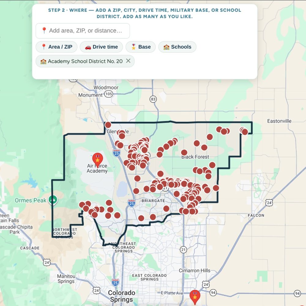 Home search filtered to the Academy School District 20 boundary with active listings inside it